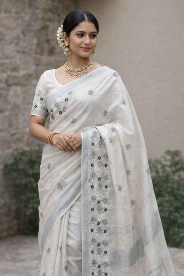 Linen silk embroidery saree - star design