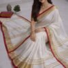 Off White Red Handloom Bhagalpuri Linen Cotton Saree