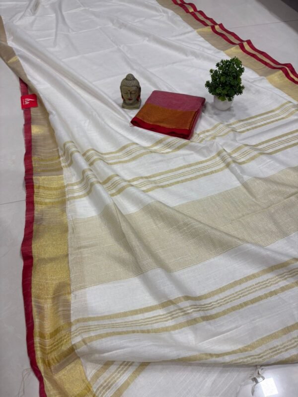 Off White Red Handloom Bhagalpuri Linen Cotton Saree