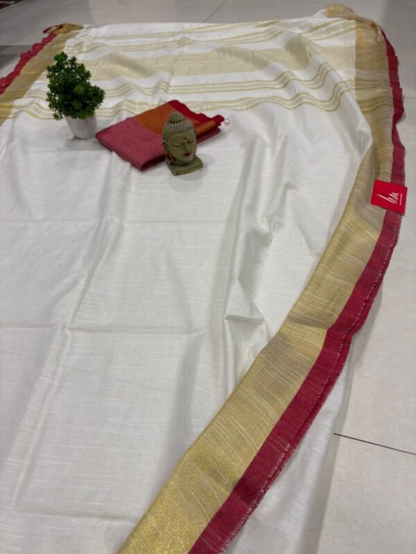 Off White Red Handloom Bhagalpuri Linen Cotton Saree