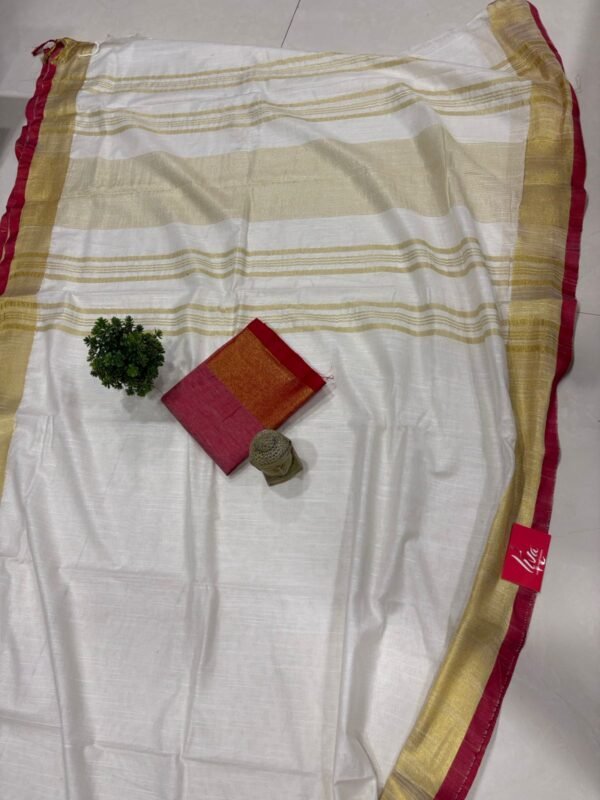 Off White Red Handloom Bhagalpuri Linen Cotton Saree