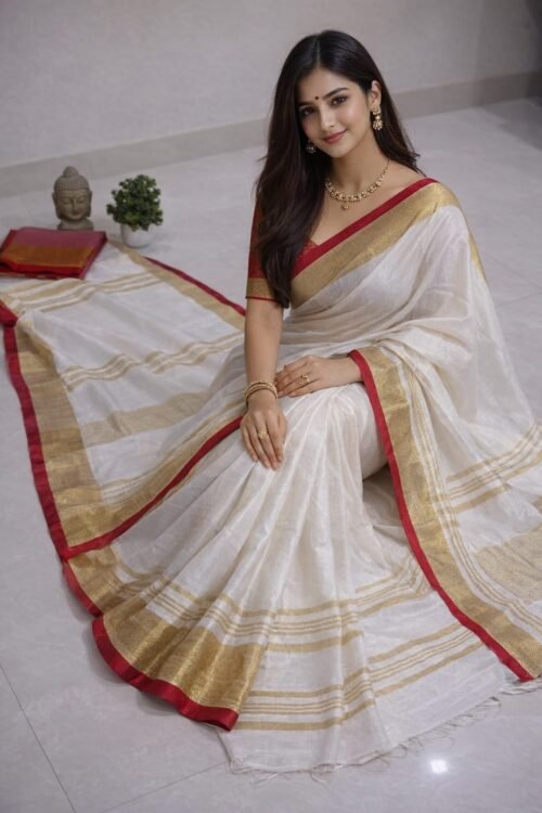 Off White Red Handloom Bhagalpuri Linen Cotton Saree