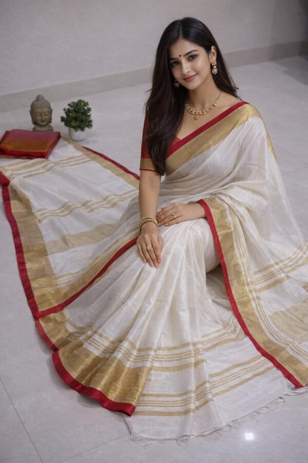 Off White Red Handloom Bhagalpuri Linen Cotton Saree
